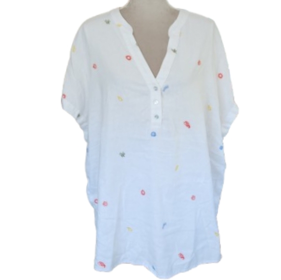 C&C California Tops - NWT C&C California White Linen Blend Blouse Colorful Embroidered Beach Accents